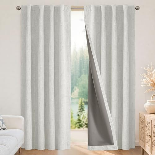 Joydeco Blackout Thermal Lined Curtains 55x96 Inch Drop 2 Panels with Back Tabs & Rod Pocket, 100% Light Blocking Linen Texture Fabric Curtain Drapes for Living Room Bedroom