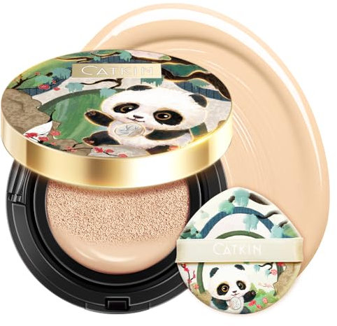 CATKIN Panda Land Fondotinta in Polvere Compatto Copertura Completa, Formula Nutriente e Tenuta 24H,con Acido ialuronico, Per Pelli Sensibili, Finish Satin,15g*2 (W11 Light)