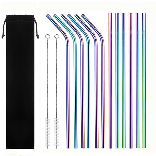 Pailles en Acier Inoxydable,12 PCS 304 Réutilisables Métallique avec 2 Brosses | pour Cocktails,Smoothies et Boissons Chaudes | sans BPA & Lavable Lave-Vaisselle (Longueur 21cm, Ø6mm)