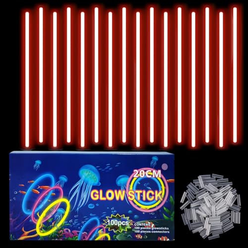 Braccialetti Luminosi Fluorescenti Rosso 100 Pezzi, Colorati Bastoni Bulk con 100 Connettori, Glow Sticks Bambini Adulti per Compleanno, Feste, Carnevale, Capodanno, Pasqua, Halloween