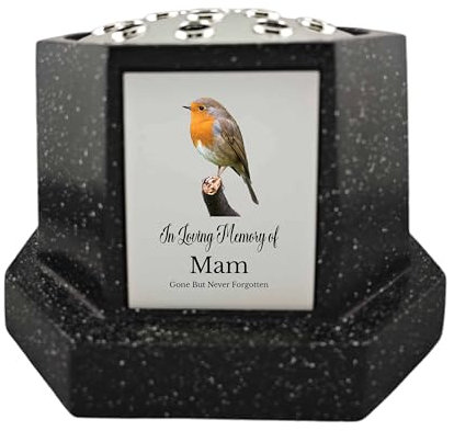 In Loving Memory Of Memorial Octagon Rose Bowl Grave Marker Flower Pot Vase With Robin Design Mum Dad & Lots More Black/Silver (UV PRINTED) (Mam)