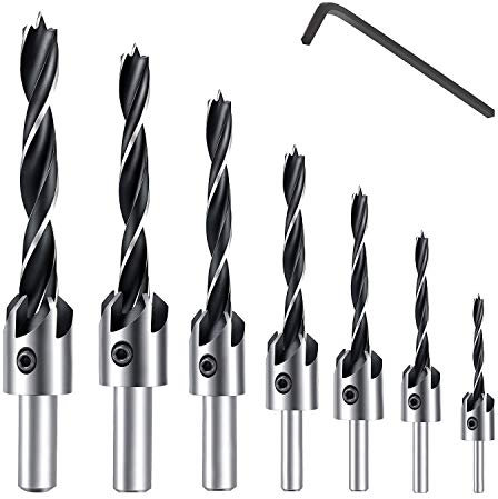 Pfloge® Ensemble de 7 forets HSS à 5 flûtes, foret à contre-plongée, visseuse, alésoir pour travail du bois, outil de perçage à contre-plongée, 3-10 mm