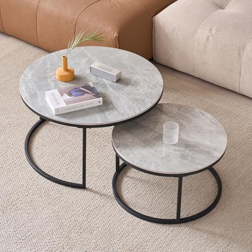 JZGORC 2er-Set Runder Couchtisch, Wohnzimmer-Beistelltisch aus Grauem Marmorschiefer, Nordischer Couchtisch – Schwarzer Metallrahmen