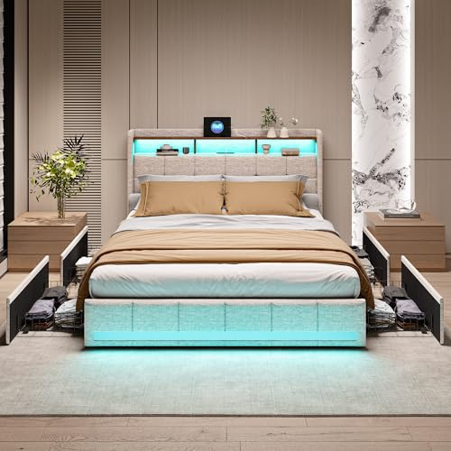 MOTUZP LED-dubbelsäng, 140 x 190 cm, 4 lådor, ribbotten, huvudgavel med förvaringsutrymme och USB-laddning, ungdomssäng, ryggstöd, sängram (beige, 2 USB)