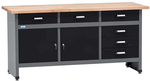 Küpper Banco da lavoro 12179, 170 x 84 x 60 cm, 6 cassetti, 2 ante, portata 300 kg, piano di lavoro in faggio massiccio da 30 mm (nero, 170 x 84 x 60 cm)