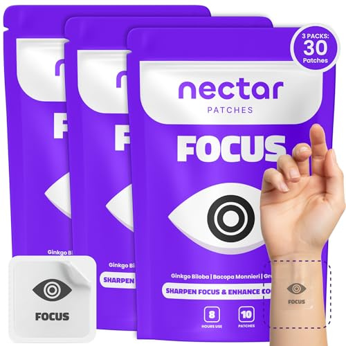Nectar Focus Patches | Natural Cognitive Support with Ginkgo Biloba, Bacopa & Magnesium for Memory – Mental Clarity Neuro Patches for Work, Study – Clean Plant-Based Nootropic Alternative | 30 Count
