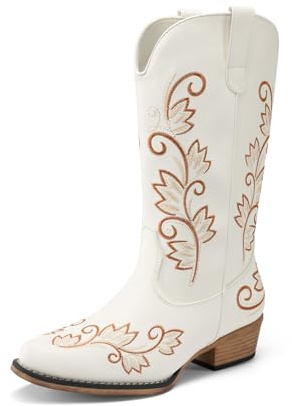 DREAM PAIRS Women's Cowboy Western Mid Calf Boots Square Toe | 1.61 heel, retro vine embroidery, square toe, 3-in-1 PU insole, TPR, festivals