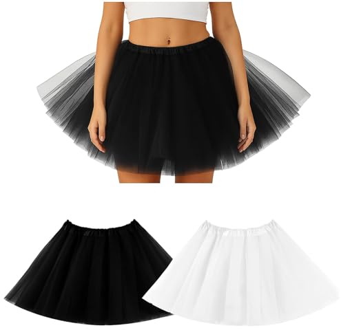 Jupe en Tulle pour Femme, 2 Pièces Tutu Femme, Jupe Tulle Noir, Tutu Ballet Blanc pour Carnaval, Halloween, Fête Rétro