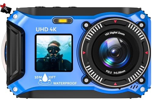 4K Underwater Camera 33FT Waterproof Camera for Snorkeling with 32GB Card Dual-Screen Compact Dustproof Floatable Autofocus UHD 64MP Point and Shoot Digital Camera 1500mAh Battery