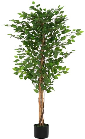 Artificial Ficus Tree, 63 Inch, Green Foliage with Natural Brown Trunk, Black Plastic Pot Included