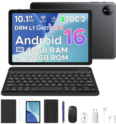 P10 Tablet 10 Pulgadas Android, Tablets Android 16 con Gemini AI, 48GB RAM+128GB ROM, 7000mAh, Unisoc T310 Quad-Core, 90Hz, 8MP+5MP, WiFi 5, Altavoces Duales, Face ID, Tablet con Teclado, Lapiz, Negro
