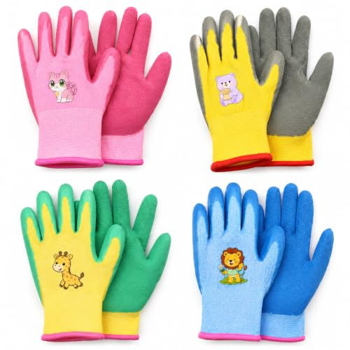 Guantes de Jardinería para Niños, 4 Pares Guantes de Protección con Palma Recubierta, Transpirable Antideslizante Guante de Trabajo de Jardinería para 3-5 Años Niñas Niños