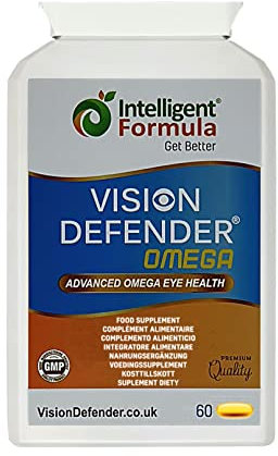 VISION DEFENDER OMEGA Eye Supplement - High Strength 1000mg Pure Omega-3 Fatty Acids Fish Oil (400mg EPA, 200mg DHA per capsule) + Vitamin E - Eye Care & Relief for Dry Eyes - (60 Softgels) Made in UK