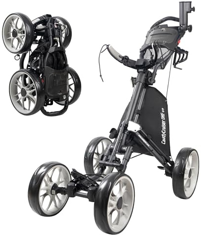 Caddytek CaddyCruiser ONE V8 4 Wheel Golf Push Cart - Lightweight Aluminum Foldable Cart with EVA Wheels, Foot Brake, Adjustable Handle, Cooler Basket, Umbrella Holder, Drink Holder, Scorecard Console