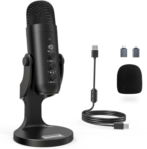 ZealSound Podcast Microphone for PC, Noise Cancellation USB Mic with Gain, Volume Adjustment & Mute Button, Monitoring & Echo, for YouTube, TikTok, Podcasting, Streaming, iPhone, iPad, Android, Mac