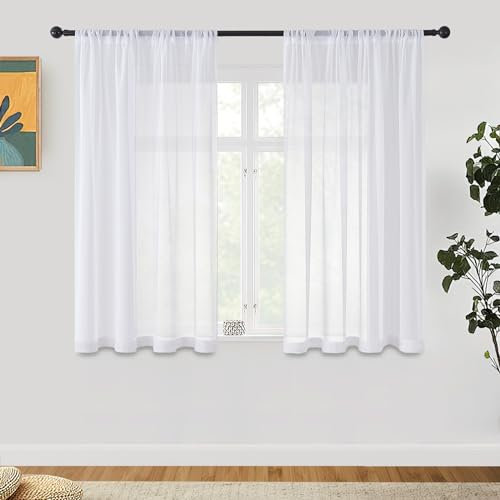 CUTEWIND Vorhänge mit Tunnelzug Gardinen Weiß Stangendurchzug Gardine Halbtransparent aus Polyester für Wohnzimmer Kinderzimmer Weiß 2er Pack 140x175cm BxH