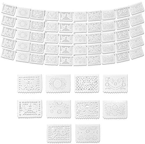 White Papel Picado Banner (5 Pack - 10 Tissue Paper Flag Designs per Banner/Not Plastic) - White Mexican Banners for Parties and Weddings - Mexican Themed Party Decorations - Papel Picado Mexicano