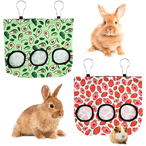 2 Pcs Sac à Foin de Lapin, Sac de Foin Suspendus Animaux Supports de Stockage avec 2 Trous Sac de Foin Mangeoire à Foin pour Lapin Sacs de Nourriture pour Chinchilla, Cochon d'Inde et Taupe (Large)