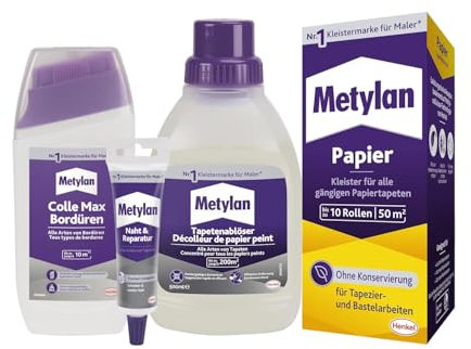 Metylan Papier, Tapetenkleister (1x125g) & Metylan Bordüren Klebstoff (1x250g) & Metylan Naht- und Reparaturkleber (1x60g) & Metylan Tapetenablöser Aktiv-Konzentrat (1x0,5l)