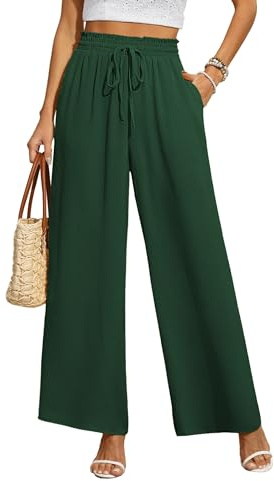 BEIGAI Wide Leg Trousers for Women Lounge Comfy Elastic High Waisted Drawstring Pants Ladies Summer Trousers with Pockets,Dark Green,XL