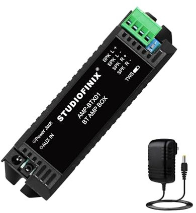 STUODIOFINIX Mini amplificateur Bluetooth 2 canaux pour haut-parleurs passifs avec TWS, AUX, pièce de rechange, adapté aux haut-parleurs muraux/plafond/marine/bibliothèque