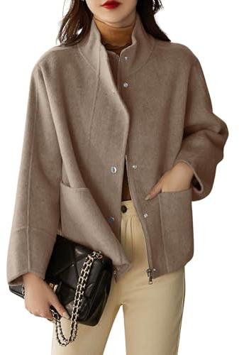 chouyatou Women's Casual Stand Collar Single Breasted Short Wool Pea Coat Overcoat with Pockets (Large, Khaki)