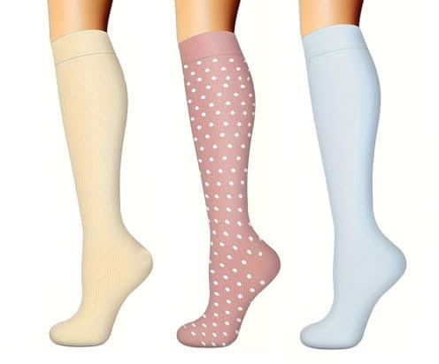 QOWUXHZ 3 Paar Kompressionsstrümpfe Damen Und Herren Kompressionssocken Stützstrümpfe Compression Socks Laufstrümpfe Kompression Für Flug Sport Reisen Radsport Krankenschwester Blau Beige Rosa