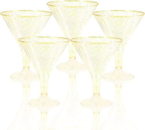 36 Pack Gold Glitter Plastic Martini Glasses -210ml Reusable Cocktail Glasses - Plastic Cocktail Glasses Perfect for Christmas & Wedding & Party & Birthday