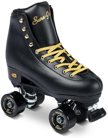 Sure-Grip Fame Black & Gold Unisex Indoor Roller Skates - Vegan Boot with Microfiber Lining - Offers Rock Nylon Plate & Aluminum Trucks - Matching 57mm Fame Black Indoor Wheels - Ideal for Beginners