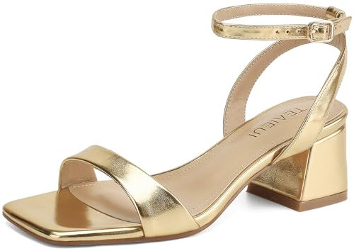 TEAIEUI Damensandalen mit Absatz, Riemchen, niedriger Blockabsatz, klobig, bequem, Knöchelriemen, offener Zehenbereich, Party, Hochzeit, Kleid, Schuhe für Damen, elegant, Aa-Gold, 39.5 EU