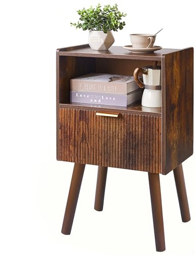 Aibiju Moderna Mesita de Noche con Cajón, Mesa Auxiliar de Mediados de Siglo con Estante Abierto, Mesita de Noche de Dos Niveles para Dormitorio, Marrón Rústico YD-TM061H