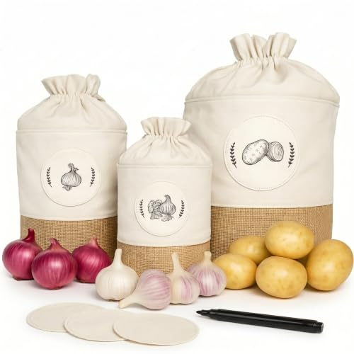 Juego de 3 bolsas de almacenamiento Premium – Tarro de patata y olla de cebolla y olla de ajo - 3 bolsas - Papera - Caja de almacenamiento - Tarros de almacenamiento