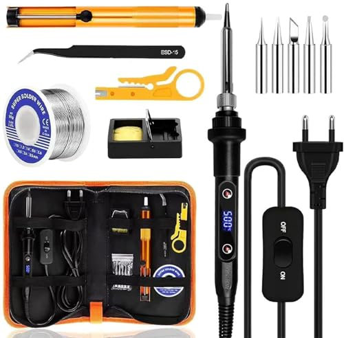 Fer à Souder Set, Electronique De Precision Kit 80W Température Réglable 180-520°C Fer A Souder avec interrupteur ON/OFF, 5 Conseils de soudage, Pompe à Dessouder, Support, Pincettes