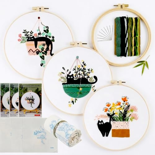 MKNZOME Kit di Ricamo per Principianti Adulti, 3 Set di Kit a Punto Croce a Mano con Gatto e Piante Verdi, Punch Needle Kit con 1 Telaio in Bambù, Tessuto, Fili, Aghi e Istruzioni
