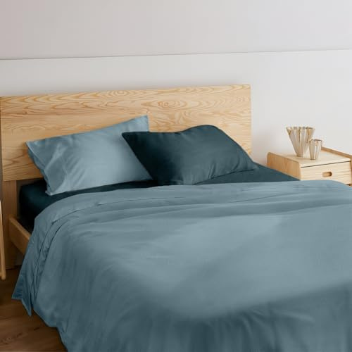 NARCISO - Completo Lenzuola Matrimoniali 4 Pezzi Bicolore, Set Lenzuola Matrimoniali in Microfibra Traspirante ed Anallergica, Biancheria da Letto dal Design Moderno (Celeste Polvere/Ottanio)