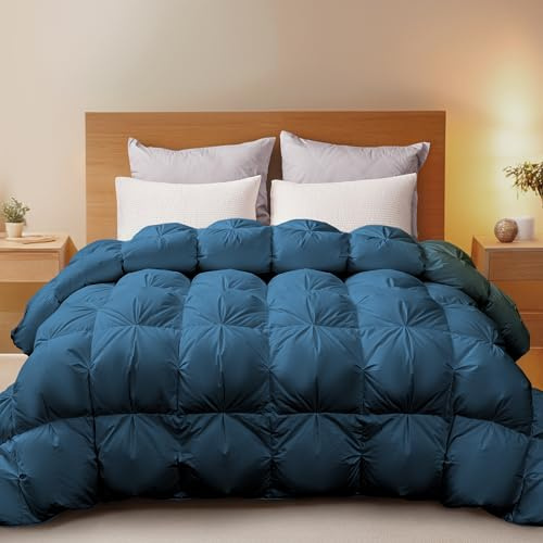 Deodar Täcke året runt-täcke 135 x 200, duntäcke med 1135 g dun| fjäderfyllning, 100 % bomull påslakan, 3D fluffig konstruktion andas varmt, tvättbar, Oeko-Tex, RDS, marinblå-ny