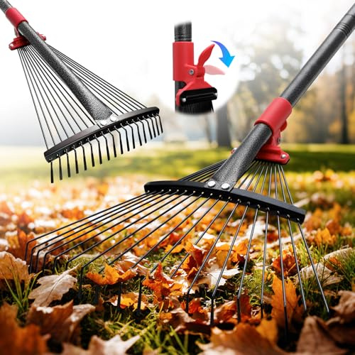Collapsible Rake for Leaves - 70 Adjustable Long Handle Yard Rake, Expandable Metal Steel Head (8”-17”), Garden Leaf Rakes for Gardening Beds, Lawn,Narrow Shrub,Pine Needle,Outdoor Camping