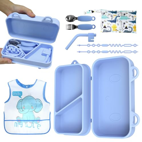 Set de voyage pour couverts pour bébé en silicone, 9 pièces, portable, assiette à ventouse, cuillère et fourchette en acier inoxydable (316), Bib léger et pliable, sangles de jeu pour bébé, paille et