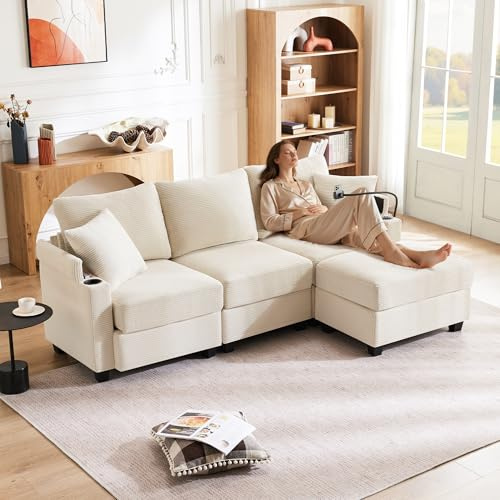 Divano angolare a forma di L, trasformabile a 3 posti, con poggiapiedi, divano con porta USB/tipo C, 2 portabevande e 2 cuscini, mobili imbottiti per soggiorno, appartamento, salotto e camera da letto