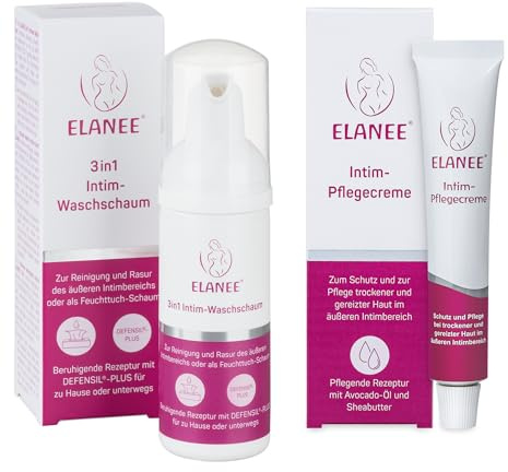 ELANEE Intimpflege-Set mit Intim-Waschschaum & Pflegecreme zur sanften Reinigung +Feuchtigkeitspflege bei trockener, empfindlicher Haut – ideal nach Geburt, in den Wechseljahren & unterwegs (409-V1)