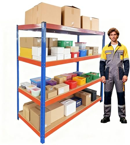 Professional Heavy-Duty Garage Shelving Unit – 4-Tier Boltless Steel Storage Rack with 9mm MDF Shelves, 400kg Per Shelf, 1600kg Total Capacity, Industrial Strength(Blue+Orange, 180X60X180)