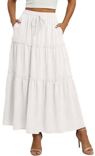 WERFORU Women's Skirts Elastic High Waist Long Skirt with Pockets Elegant Maxi Skirt for Women A-Line High Waist Boho Skirts White