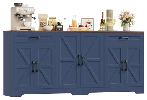 HOCSOK Credenza Cucina, 180 cm Madia Cucina con 8 Scomparti Portaoggetti, Credenza Soggiorno con 2 Cassetti 6 Ante per Sala da Pranzo, Mobile TV, 180×87×34, Blu