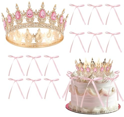 13PCS Corona para Tarta Decoracion,Tarta Cumpleaños con Corona y corbata de moño -Coron de Princesa Reina Tiara de Cumpleaños-Decoración de Pasteles para Fiestas y Celebraciones (Rosa1)