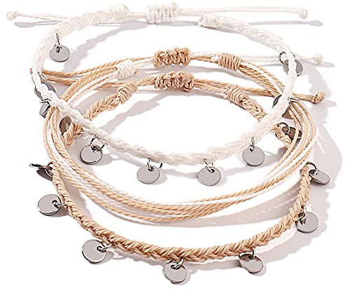 FANCY SHINY Boho Ankle Bracelets Waterproof String Anklets Braided Rope Anklet Beach Surfer Anklets Cute Coin Foot Jewelry for Women(White)