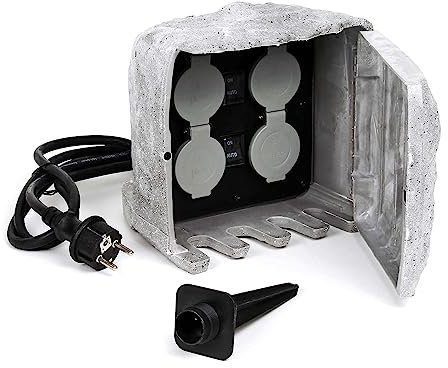 Toma de corriente de jardín efecto piedra con 4 enchufes, IP44, sensor crespuscular y cable 1,5m Gris