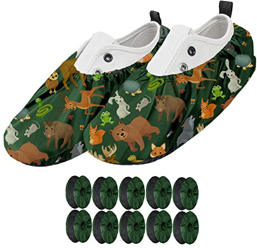 Ferocity 5 Paar Mehrweg Schuhüberzieher EU 31-37 für Kinder Wasserabweisend Überschuhe Rutschfester Waschbarer für Kinder Unisex Jungen Mädchen aus Polyester Bunte Motive Animals x5 [142]