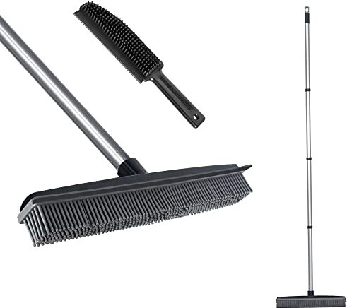 Gummibesen mit Abzieher und langem Griff, Teppichbesen und Fusselbürste, Set für Haustier-, Hunde- und Katzenhaarentfernung, Kehrvorlegerbürste für drinnen und draußen