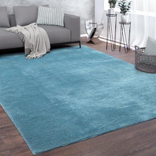Paco Home Teppich Wohnzimmer Kurzflor Weich rutschfest Modern Einfarbiges Muster blau Türkis, Grösse:200x280 cm