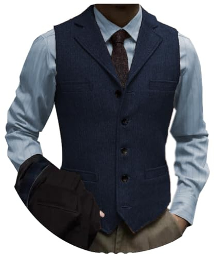 Tuikayoo Men's Tweed Suit Vintage Vest Herringbone Wool Prom Waistcoat Groomsmen(X-Large, Navy)